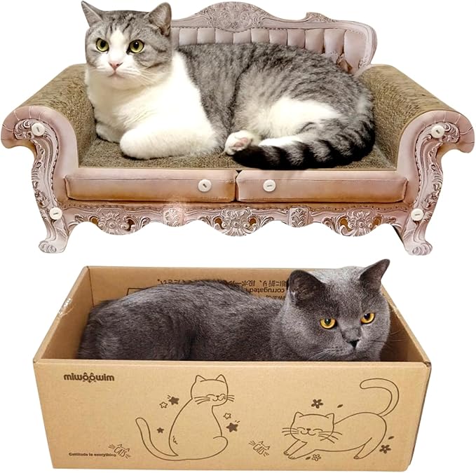 Cat Scratcher Bed, 23 Inch Kitty Couch and 17.3 Inch Scratch Box with Pad, Modern Large Kitten Lounger for Indoor Cats,Unique Cute Corrugated Cardboard Cat Sofa Scratcher,