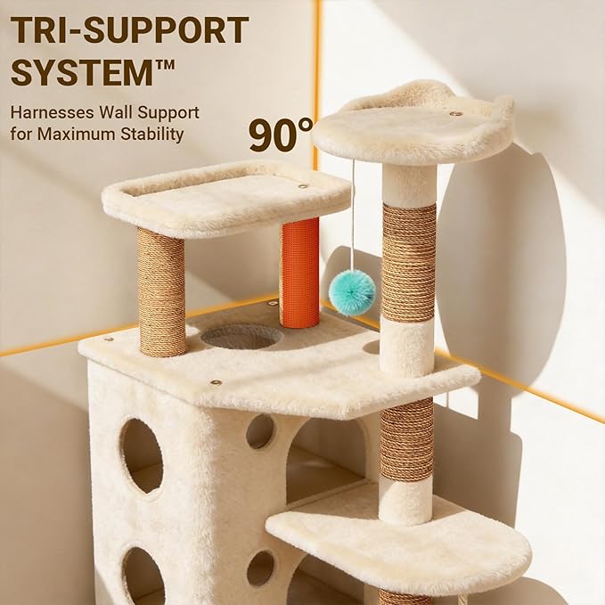 【Tank-Sturdy Tower】 PetDance Heavy Duty Cat Tree for Cats Fits Kittens to XL Maine Coons, Cat Tower with Scratching Posts, Cat Climber with 3 Spacious Hideaway, Beige