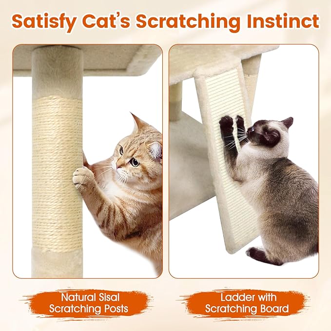 PETSITE Multi-Level Cat Tree, 65 Inches Tall with Sisal Scratching Posts, Condos, Rotatable Cat Basket, Dangling Balls, and Sisal Ladder, Ideal for Indoor Cats to Play and Rest (Beige)