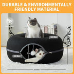 Peekaboo Cat Tunnel for Large Cats up to 30 lbs, Features A Jingle Ball, Removable and Washable Tunnel Bed, and a Cozy Donut Tunnel (Black, 24 Inches)