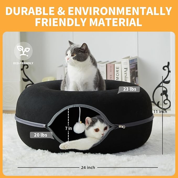 Peekaboo Cat Tunnel for Large Cats up to 30 lbs, Features A Jingle Ball, Removable and Washable Tunnel Bed, and a Cozy Donut Tunnel (Black, 24 Inches)