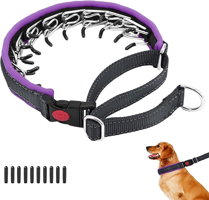Martingale No Pull Dog Collar for Large Medium Small Dogs, Heavy Duty Nylon Reflective Adjustable Anti Pull Slip Collar with Buckle for Training Walking S Black Purple