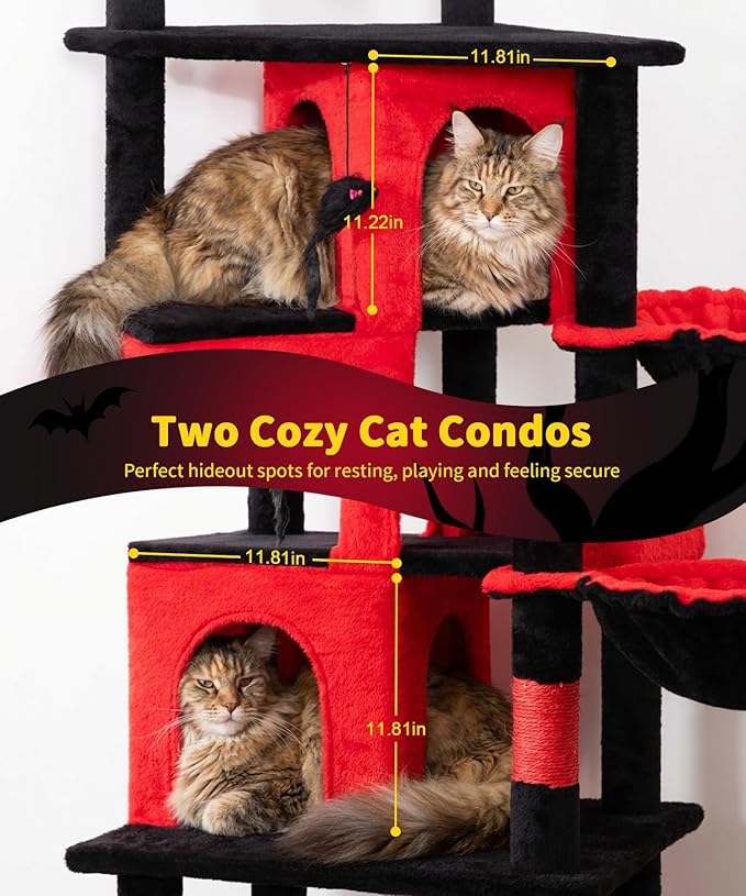 Heavy Duty Cat Tree for Indoor Cat, 74 Inch Cat Tower with Scratching Post, Hanging Basket, Cat Condo with Large Platform for Large Cats, PMT04RD, Black Red