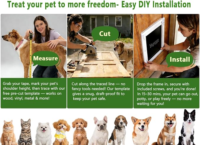 Dog Door Doggy Door Easy Install - Wood & PVC Doors & Walls，Dgooie Free Movement & Strong Magnetic Auto-Close & Sliding Lock,Telescoping Frame,8 1/8" x 13 2/5" for Medium Dogs Up to 40 lb