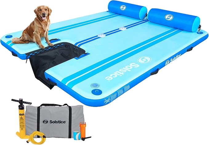 SOLSTICE Party Plank 6-8 Person Rise Inflatable Dock, Floating Water Raft Platform, 10ft x 8ft - Outdoor Fun for Lake, River, Swimming Pool & Beach, Includes Backrests, Threaded Ports, & Carry Bag