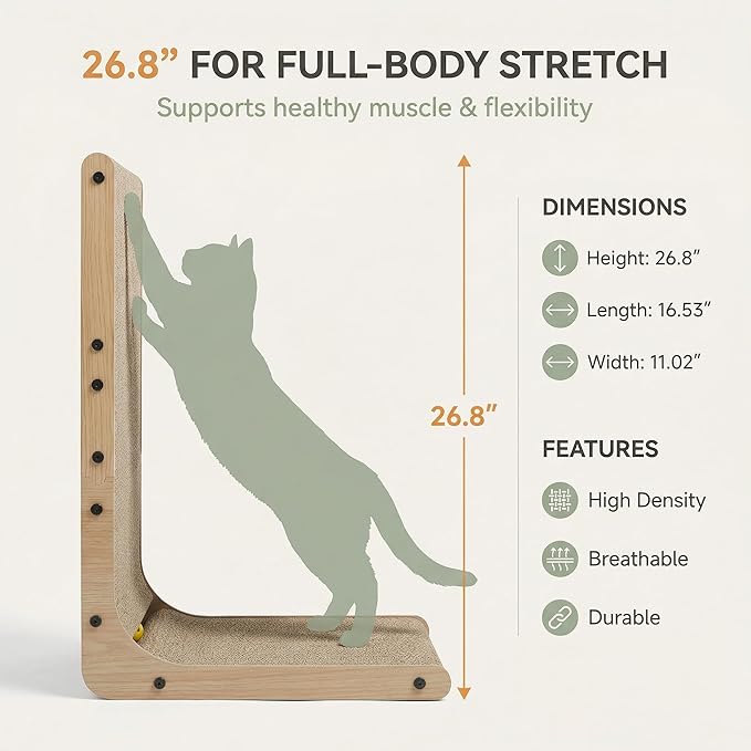 L Shaped Cat Scratcher for Indoor Cats, Cat Scratching, Cat Scratch Pad, 26.8 Inches Tall Scratching Post with Sturdy Base, Durable Cat Scratch Pad for Kittens & Adults, Furniture Protector