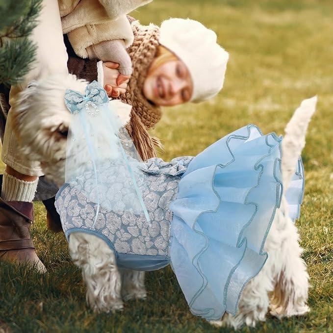 ASENKU Dog Dress, Dog Wedding Dress, Pet Lace Princess Dress with Bows for Wedding Birthday Party, Puppy Formal Apparel with Pearl Necklace for Large Dogs (Blue, X-Large)