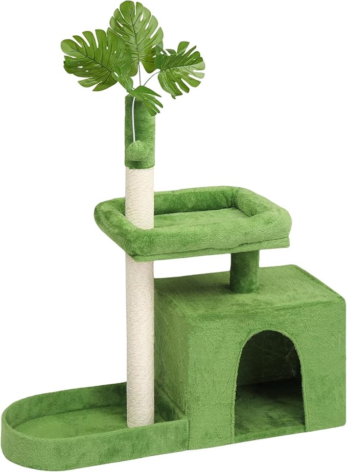 39in Plush Cat Tree with Leaves,Multi-Level Cats Tower,Large Pet Activity Center,with Sisal Scratching Post, Cozy Cat Condo, Padded Beds, Dangling Ball,for Kittens and Indoor Cats (Green)