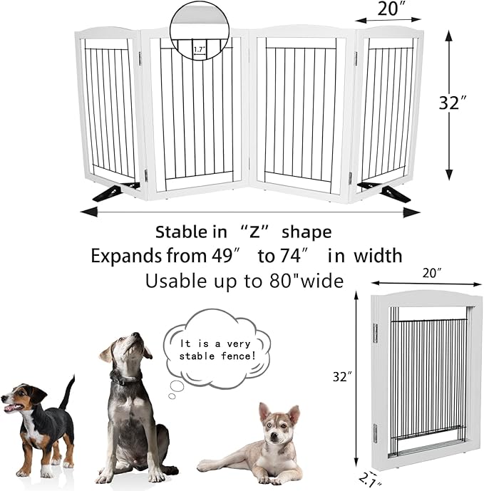 Dog Fence Indoor,Dog Gate Indoor for Doorway pet gate -4-Panel Freestanding, Hallways, House or Stairs -80x32-Inch Retractable Foldable Expandable Wood Pet by SFJC (White)