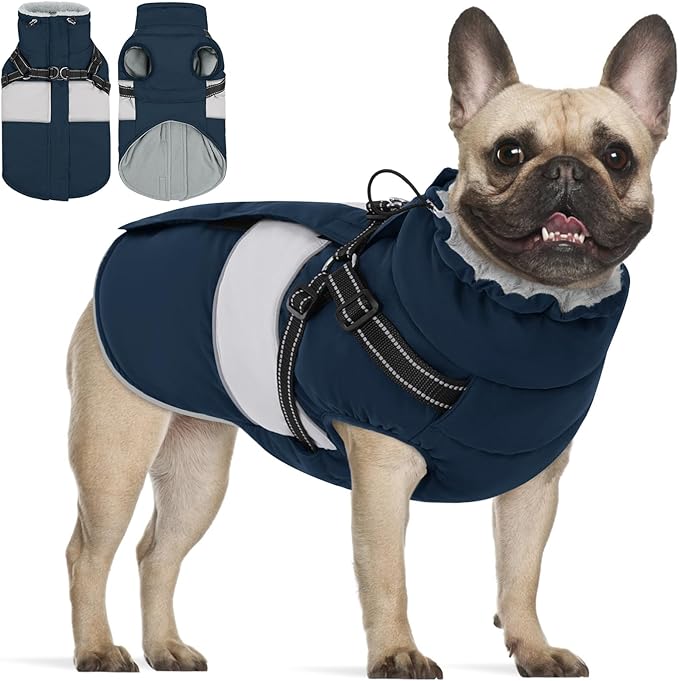 KOESON Dog Winter Coat, Waterproof Dog Jacket with Harness Built in, Warm Windproof Cold Weather Coat for Small Dogs, Reflective Pet Fleece Vest Zip-Up with Fur Collar, Navy Blue XS