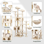79inch Heavy Duty Cat Tree for Indoor Cats Large Adult, Tall Giant Cat Tower with Scratching Post, Large Perches, Cozy Cat Condos & Hanging Hammocks, Beige