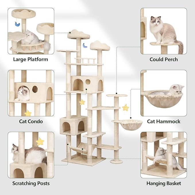 79inch Heavy Duty Cat Tree for Indoor Cats Large Adult, Tall Giant Cat Tower with Scratching Post, Large Perches, Cozy Cat Condos & Hanging Hammocks, Beige