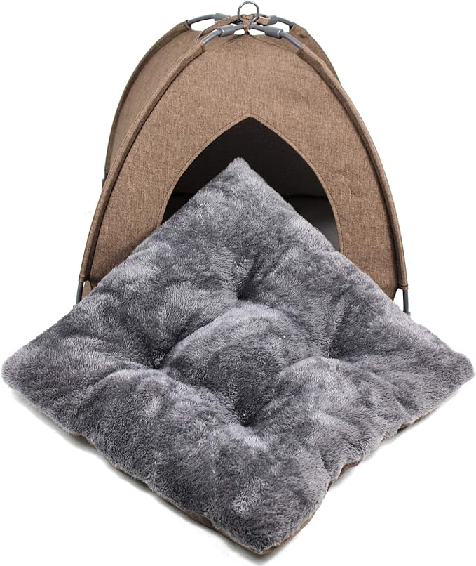 Winsterch Cat Bed Cave for Indoor Cats, Small Pet Tent Cave for Cats, Kittens, and Small Dogs, Warming Cat House with Removable Washable Cushion (18.5'‘ x 18.5’' x 15.8'', Brown)