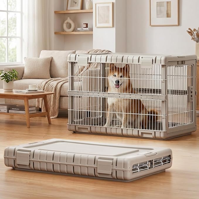 Collapsible Dog Crate for Large Dogs - 36" L Heavy Duty Dog Kennel No Tools Required with 4 Sides Steel Foldable Cage for Dogs Indoor Furniture, Portable Carrier with 2 Smooth Wheels, Beige