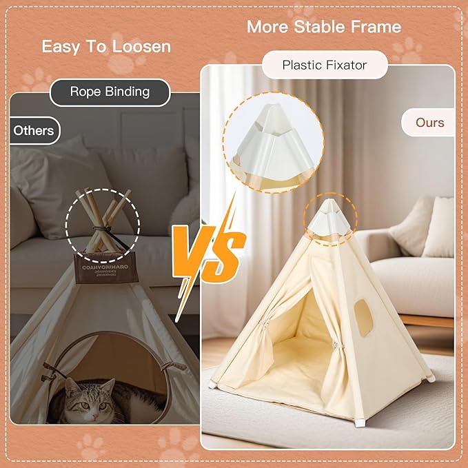 Standard Cat & Mini Dog Teepee Tent House (Int 20x20x20in/Ext 22x22x25in) for Standard Chihuahua, Shih Tzu, Tiny Pomeranian, Tiny Bichon Frise, Mini Poodle, Cotton Canvas & Stable Frame