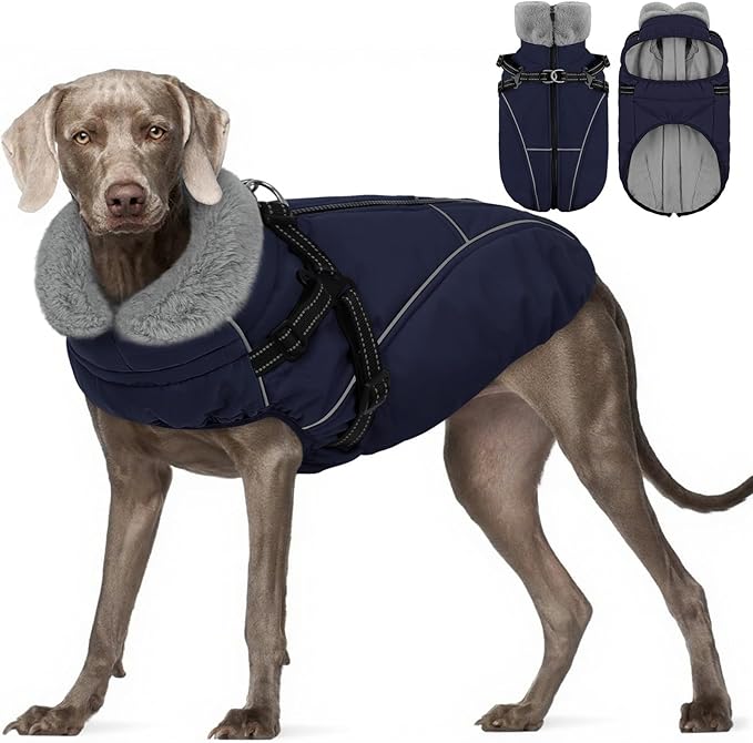 XL Dog Winter Coat with Harness Built in, Dog Puffer Jacket for Large Dogs, Pet Warm Winter Vest, Dark Blue XL