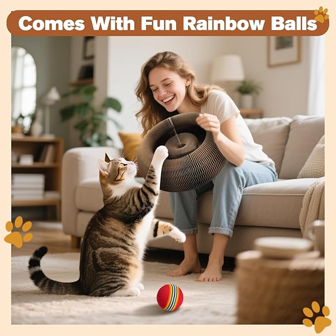 2 PCS Magic Organ Cat Scratcher Board with 6 Balls, Foldable Recyclable Accordion Cats Toy with Ball and Track Adventure, Cat Scratching Pad, Retractable Reversible Furniture Protector(Brown)