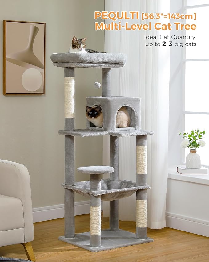 PEQULTI Cat Tree for Large Cats with Metal Frame Big Hammock, Cat Tower for Indoor Cats with 2 Door Condo House, [56.3"=143cm] Multi-Level Cat Shelves with Scratching Posts and Top Perch, Grey