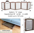 ZJSF Freestanding Foldable Dog Gate for House Extra Wide Wooden Brown Puppy Gate Stairs Dog Gates Doorways Tall Pet Gate 24 "Height 6 Panels Pet Fence
