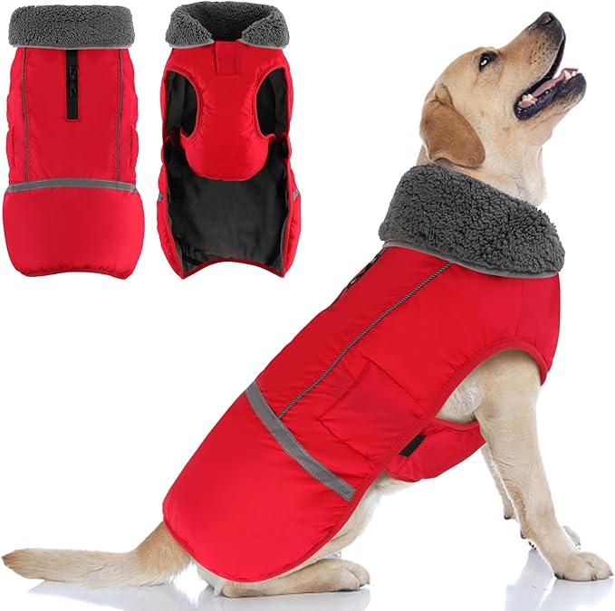 Doglay Dog Coat, Waterproof Dog Jacket Pet Winter Coat for Cold Weather with Thicken Furry Collar, Reflective Puppy Winter Jacket Warm Fleece Lining for Small Medium Large Pets
