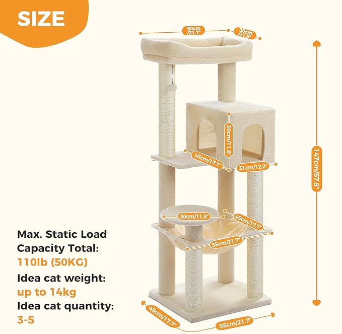 PEQULTI 57.9'' Cat Tree, Multi-Level Tower with Large Top Perch, Thick Scratching Posts and Hammock for Large Indoor Cats up to 20 lbs,Beige