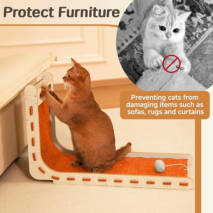 Cat Scratcher with Bell Ball Cat Scratch Pad L-Shaped Scratch Mat Vertical Cat Scratching Board for Indoor Cats Felt Cats Scratching Post Furniture Protector Kittens Cratchers Toys- Orange