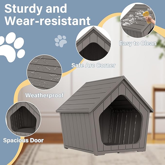 Bifanuo Dog House Outdoor Indoor for Small Dogs - Plastic Pet Shelter, Easy-Assemble & Weather-Resistant for Living Room, Balcony (Grey, 18" L x 22.4" W x 22.2" H)