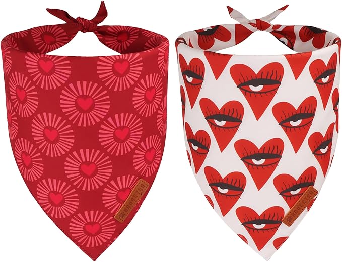 ADOGGYGO Valentines Dog Bandana 2 Pack, Heart Sunburst Eyelash Print Pet Scarf, Durable Fabric, Red Pink Valentine Bandanas for Extra Large Dogs (X-Large)