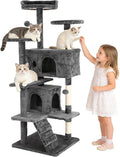 BLKMTY Cat Tree 54" Tall Cats Tower Large Cat Condo Climber Cats Climbing Stand with Top Perches Playhouse and Climbing Ladder Kitty Activity Tree w/Scratching Post Toys, Ashy