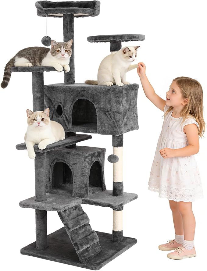 BLKMTY Cat Tree 54" Tall Cats Tower Large Cat Condo Climber Cats Climbing Stand with Top Perches Playhouse and Climbing Ladder Kitty Activity Tree w/Scratching Post Toys, Ashy