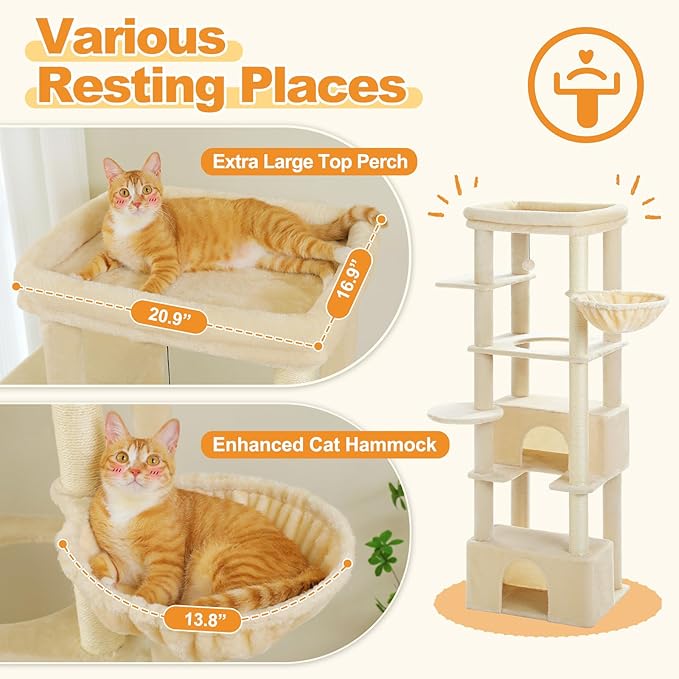 PEQULTI 68'' Cat Tree for Large Cats 20 lbs Heavy Duty, Tall Cat Tower for Indoor Big Cats with Extra-Large Top Perch [21'' x 17''], 2 Large Cat Condos, Cat Scratching Post and Cozy Hammock, Beige