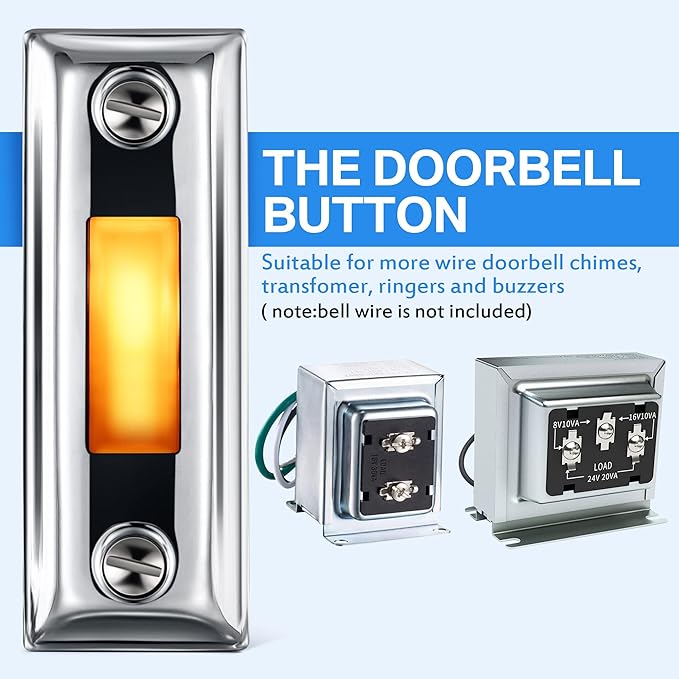 Dreyoo Metal Doorbell Push Button, Heavy Duty Metal Door Bell Wired Button LED Lighted Wall Mounted Doorbell Push Buttons for Home, Universal Garage Door Opener Switch Property in Copyright(Silver)