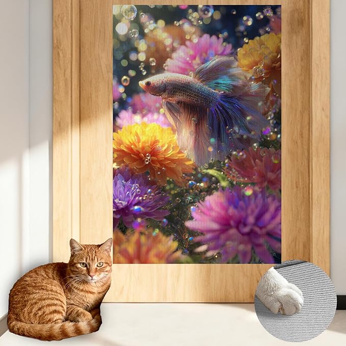Nuxovilar Cat Scratching Mat 15.3x23.6 Inches Polyester Synthetic Fiber, Colorful Betta Fish & Flowers Print, wall cat Scratcher, Scratch pad, Home Decor, Fish Tank Area, Bedroom (2pcs)