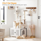 HOOBRO Cat Tree with Scratching Posts, Cat Tower Litter Box Enclosure Furniture for Indoor Cats, All-in-One Wooden Cat House Condo with Cat Hammock, Detachable Teaser Sticks, White BW14MZ03