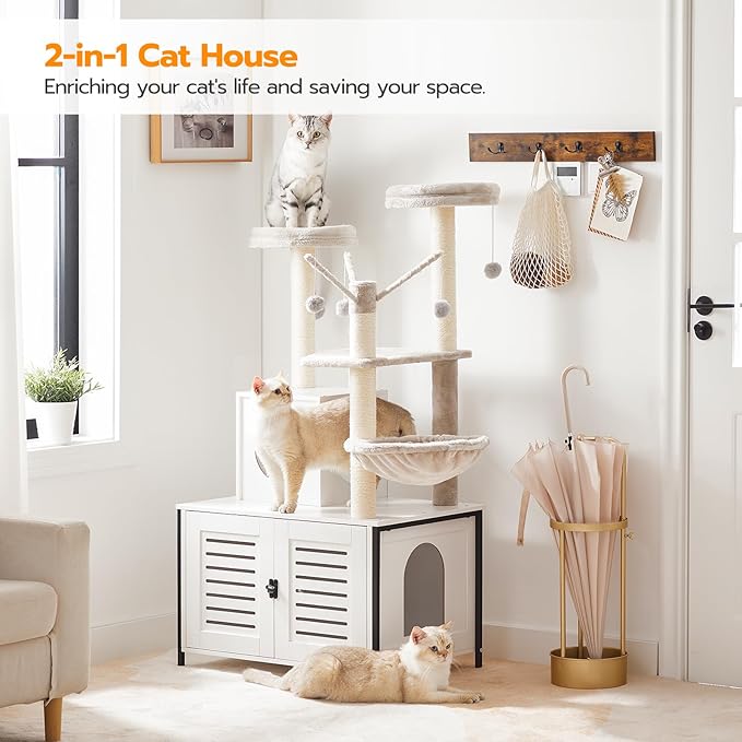 HOOBRO Cat Tree with Scratching Posts, Cat Tower Litter Box Enclosure Furniture for Indoor Cats, All-in-One Wooden Cat House Condo with Cat Hammock, Detachable Teaser Sticks, White BW14MZ03