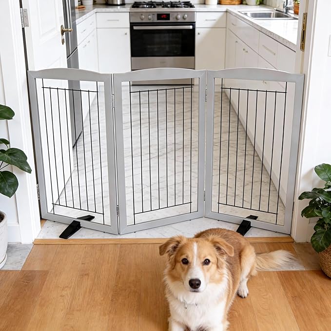 Dog Fence Indoor,Dog Gate Indoor for Doorway pet gate -3-Panel Freestanding, Hallways, House or Stairs -60x32-Inch Retractable Foldable Expandable Wood Pet by SFJC (Grey) ﻿