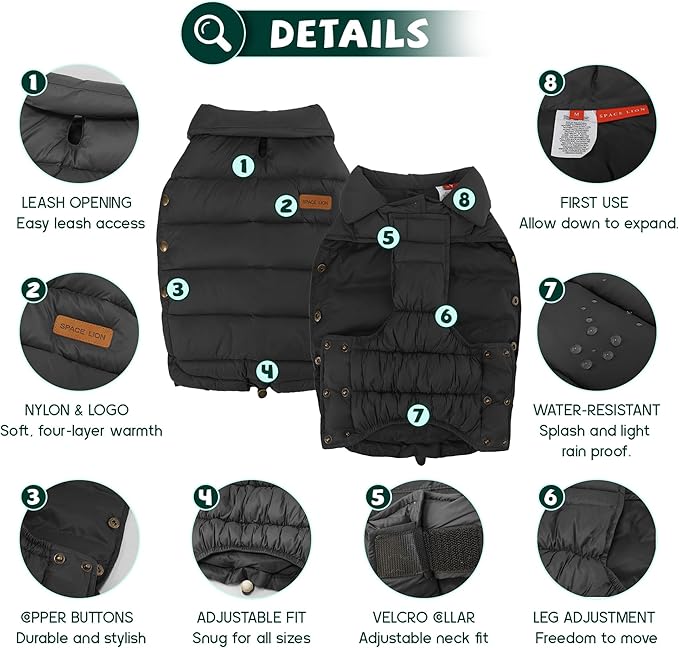 SPACE LION Dog Puffer Jacket, Down Winter Coat, Durable Outdoor Coat for Cold and Windy Conditions, Lightweight & Adjustable Fit Coats for Large Dogs,(Black, Size22/XL+)