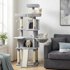 Tangkula 65 Inch Tall Cat Tree, Multi-Level Cat Tower with Sisal Scratching Posts & Board, 2 Condos, 3 Plush Top Perches, Adjustable Basket, 3 Hanging Balls for Indoor Cats (Gray)