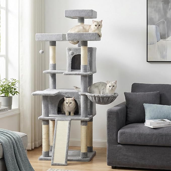 Tangkula 65 Inch Tall Cat Tree, Multi-Level Cat Tower with Sisal Scratching Posts & Board, 2 Condos, 3 Plush Top Perches, Adjustable Basket, 3 Hanging Balls for Indoor Cats (Gray)