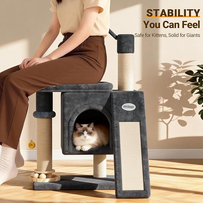 【SteadyCore】 PetDance All-in-1 Cat Tree Tower with Heavy Duty Board, Solid-Wood,Small Cat Tower with Multiple Fun:Interactive Track Ball Toy & Self-Grooming Brush for Indoor Cats,Dark Gray