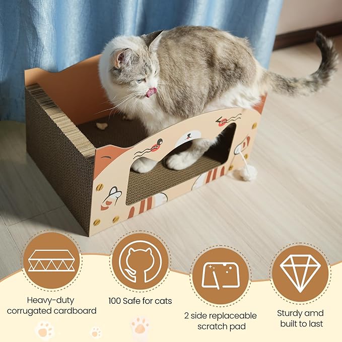 Large Heavy Duty Cardboard Cat Scratcher Box and Cat Bed with Refillable Scratch Pad - Perfect for Indoor Cats - Cozy and Durable
