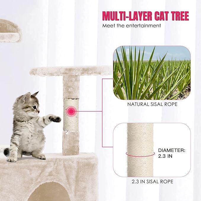 24/7 Shop at Home Court 70 inch Multi-Level Cute Cat Tree Tower with Dangling Ball and Scratching Posts for Indoor Cats Adults, Kitten Supplies, Pet House, Beige