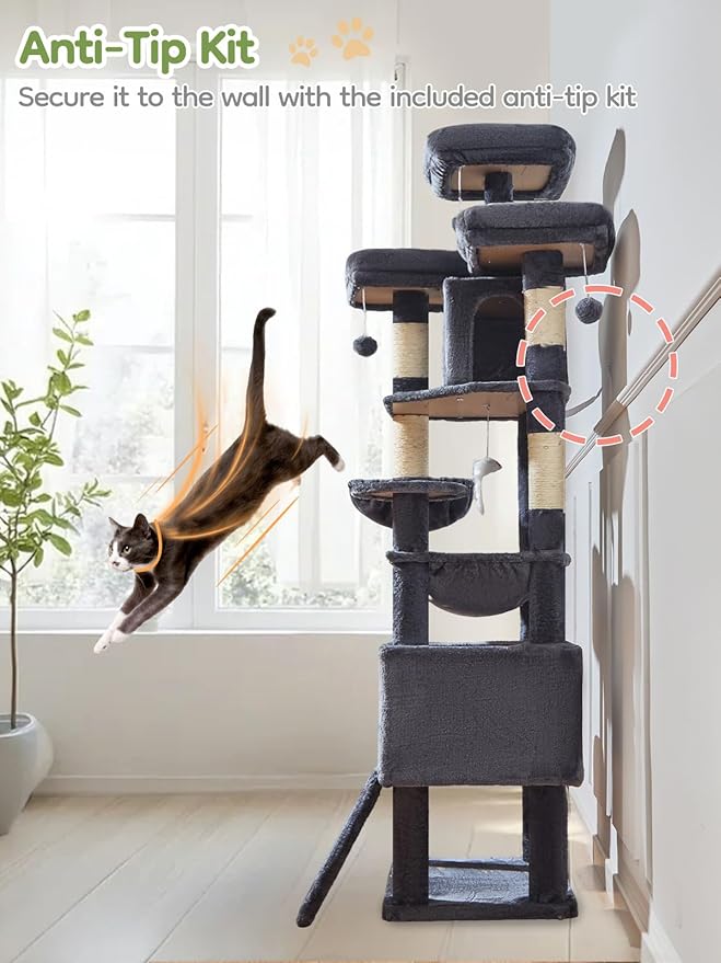 Taoqimiao 76-Inch Cat Tree XXL for Large Cats, Giant Cat Tower with Scratching Board, Extra-Large Metal Hammock, 3 Perches, 7 Sisal Posts, 2 Big Condos, Hanging Basket, Smoky Gray, MS047G