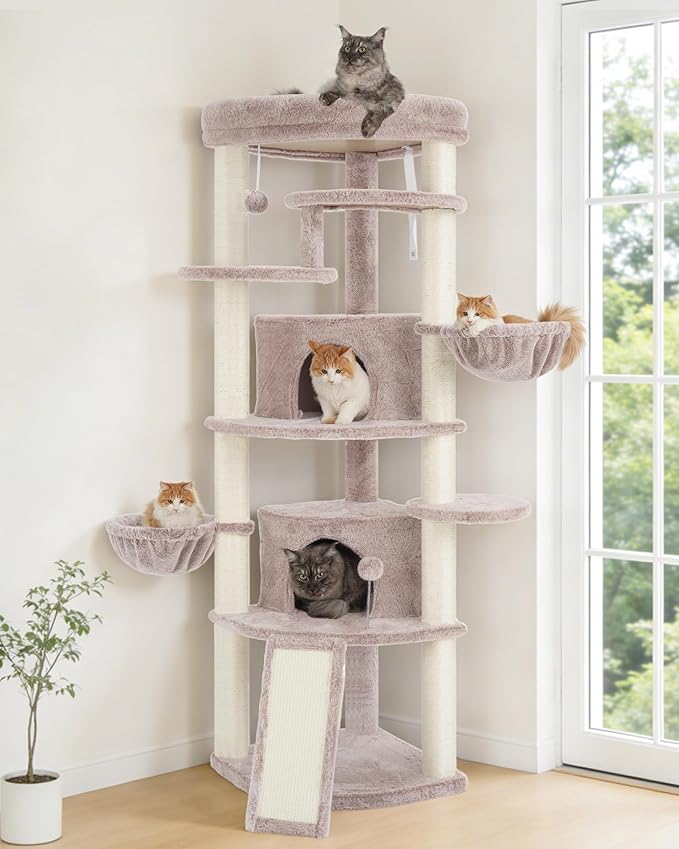 Corner Cat Tree for Indoor Cats, Cat Tower with All Sisal Scratching Posts, Multi-Level Cat Condo wth 2 Large Cat Caves, Big Top Perch, 2 Hanging Baskets, Sisal Ramp, Mushroom GCT035MU