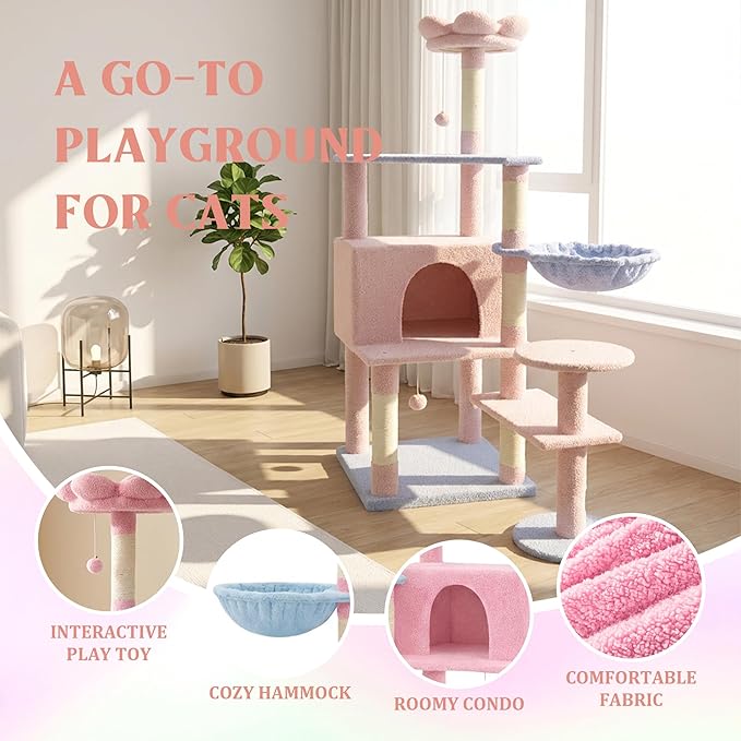 Flower Cat Tree with Large Condo, Removable Flower Cushion and Hammock, Multi-Level Cat Tower with Hanging Basket, Cat Cave, Scratching Posts,Cat Furniture for Indoor Cats, Perfect for Multiple Cats