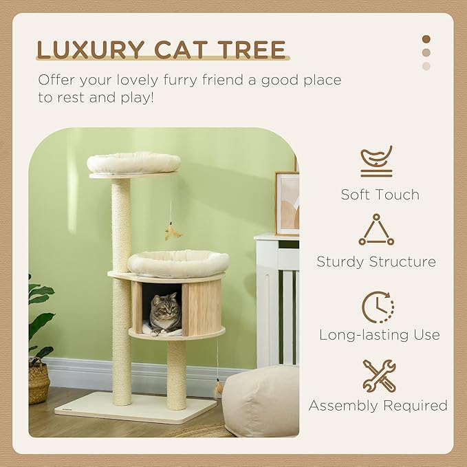 GOWE 3-Level Cat Tree with Sisal Scratching Posts, Fun Cat Badminton Toy for Playing, Soft Cushions, & Play Areas