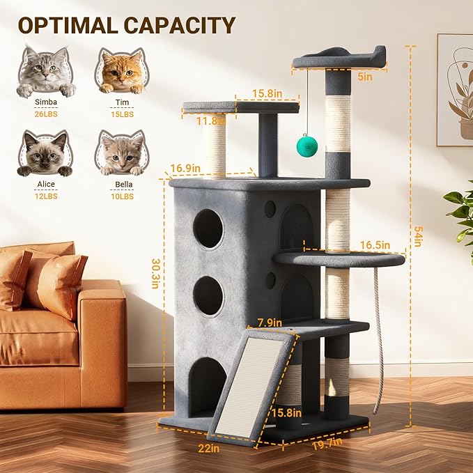 【Tank-Sturdy Tower】 PetDance Heavy Duty Cat Tree for Cats Fits Kittens to XL Maine Coons, Cat Tower with Scratching Posts, Cat Climber with 3 Spacious Hideaway, Light Gray