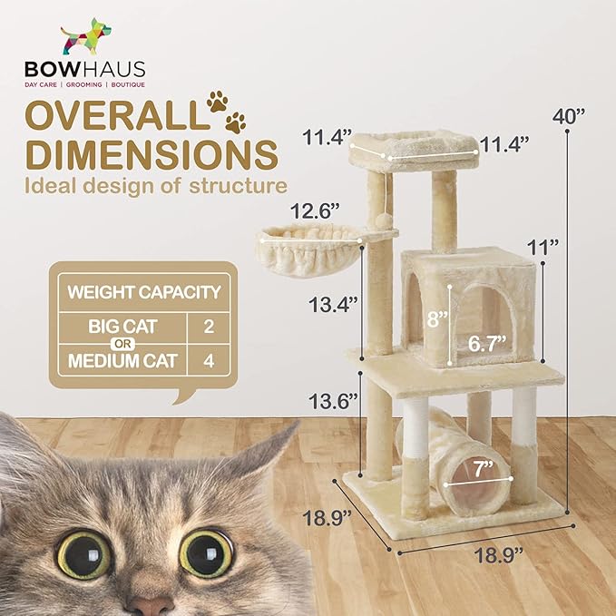 Tall Cat Tree for Indoor Large Cats or Kittens, Multi-Level Cat Activity Tree with Scratching Posts, Hammock, Cat Cave Condo, Modern Cute Small Cat Climbing Tower with Widened Perch