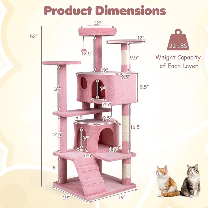 Tangkula Pink Cat Tree Tower, 52 Inch Multi-Level Cat Tower with Sisal Scratching Posts, Cushioned Top Perch, Large Dual Condos & Ladder, 2 Hanging Balls, Jumping Platforms for Indoor Cats (Pink)