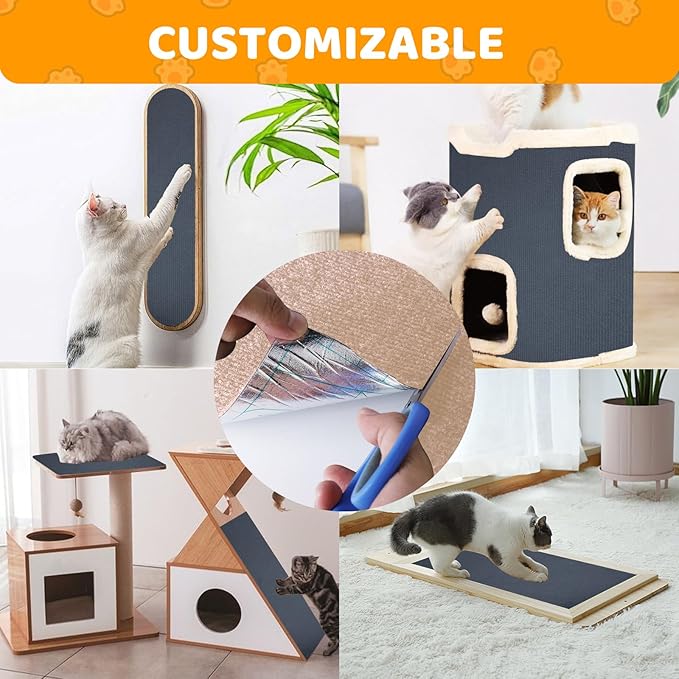 Cat Scratching Mat Self-Adhesive, 47.2'' x 15.8'' Trimmable Cat Scratch Pads Furniture Protector, DIY Climbing Cats Scratching Carpet for Couch, Door Frame or Wall Corner Protector (Light Gray)